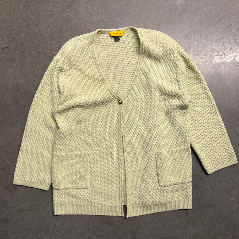 St John Yellow Label Knit Cardigan XL Lime Green Textured V-Neck Gold Button